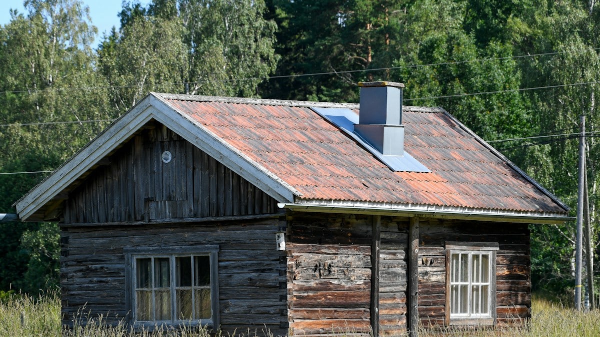 Old rustic wooden log cabin with a weathered tile roof standing in a grassy meadow near the forest.
